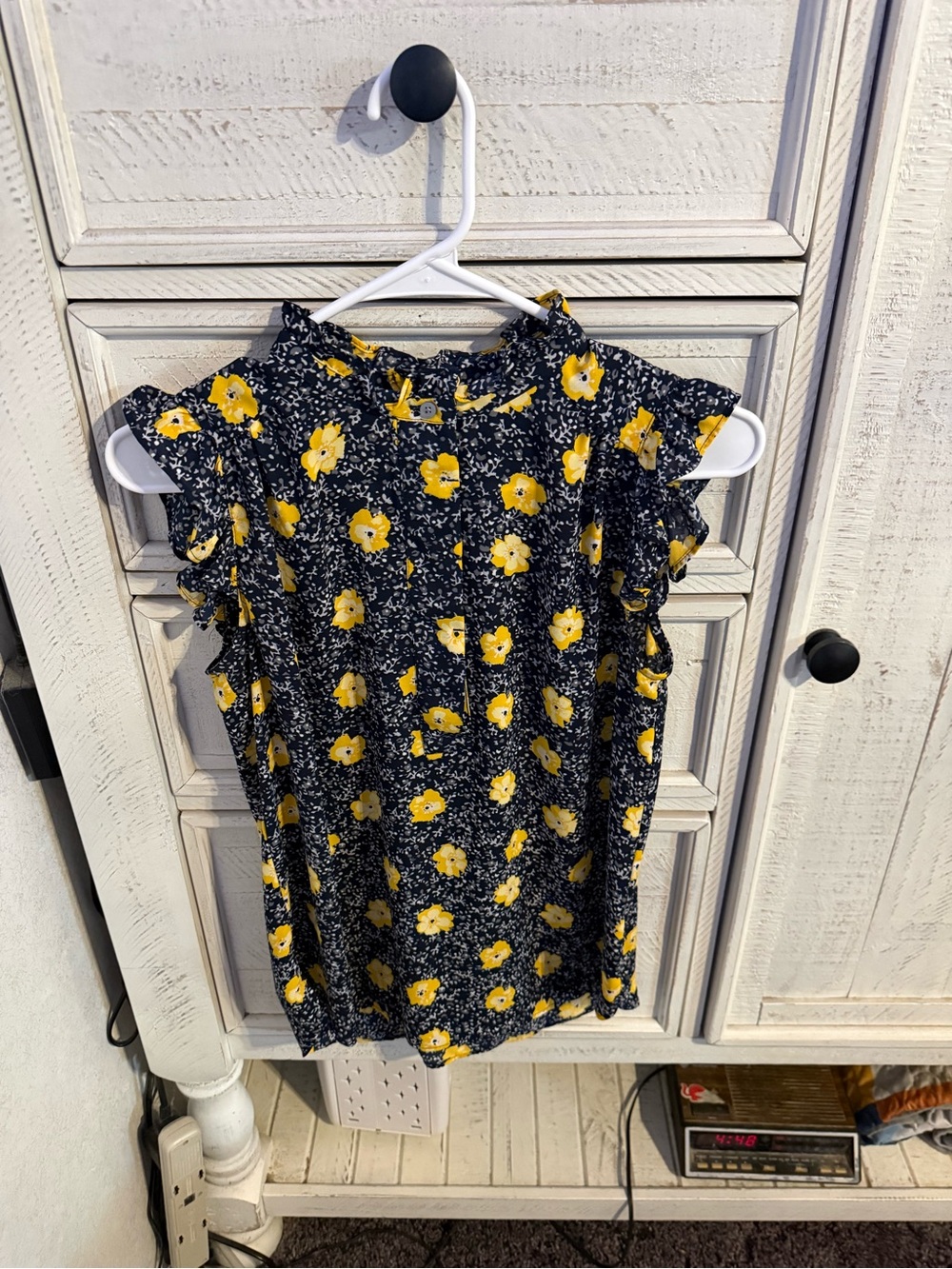 LOFT Black Floral Ruffle Sleeve Blouse with Yellow Flowers